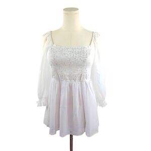 White Smocked Sheer Long Sleeve Blouse S